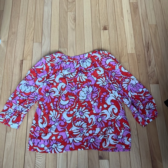 Trina Turk 3/4 sleeve silk v neck pink red white black stitchdetail lined large - Picture 6 of 6